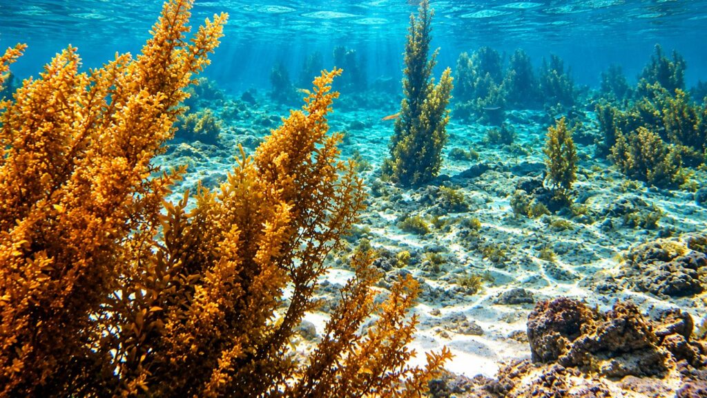 Algues sargasses dorées sous les eaux turquoise de la mer des Caraïbes, avec fond marin rocheux et lumière naturelle au Mexique.