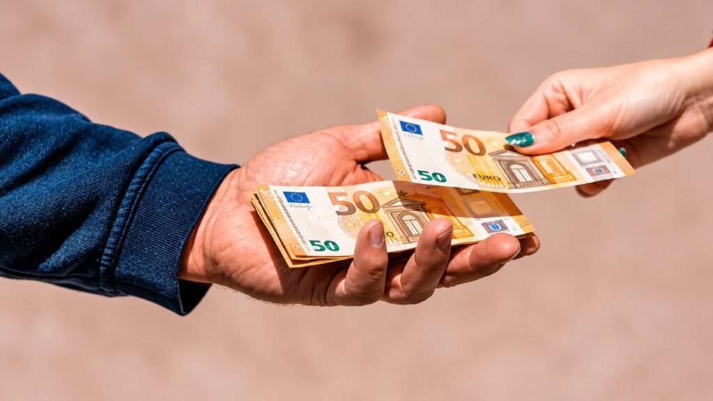 Paiement en espèces avec des billets de 50 euros remis de la main à la main, illustrant une transaction financière en liquide.