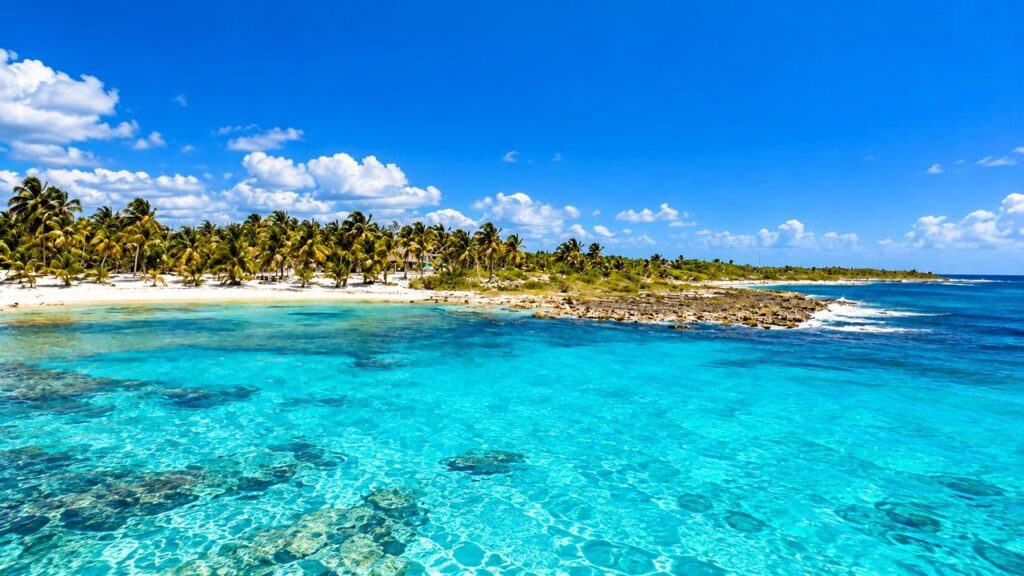 Plage sauvage de la Riviera Maya au Mexique, bordée de palmiers et de sable blanc, avec une eau turquoise cristalline et la mer des Caraïbes.