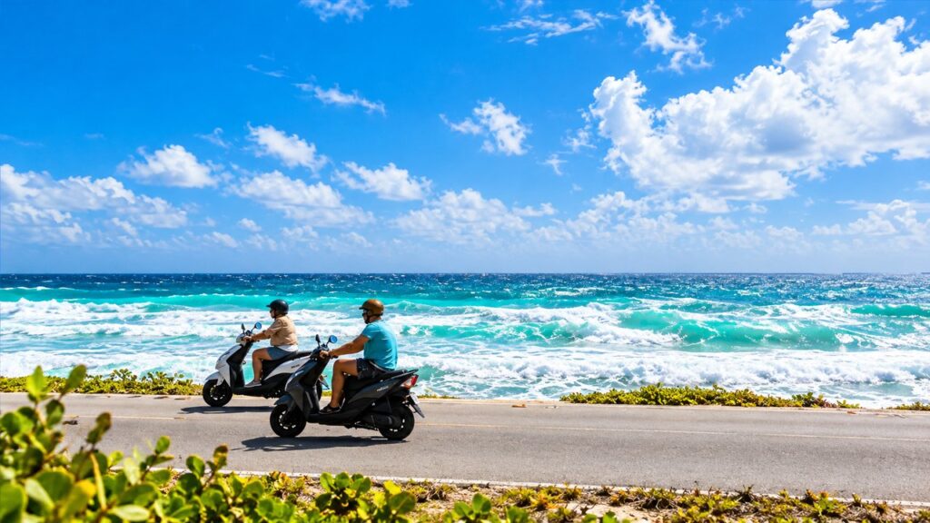 Balade en scooter le long de la mer des Caraïbes sur la Riviera Maya au Mexique.