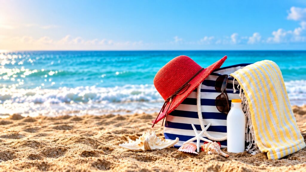 Accessoires de vacances sur une plage de la Riviera Maya au Mexique, avec chapeau rouge, sac de plage, serviette et mer turquoise des Caraïbes.