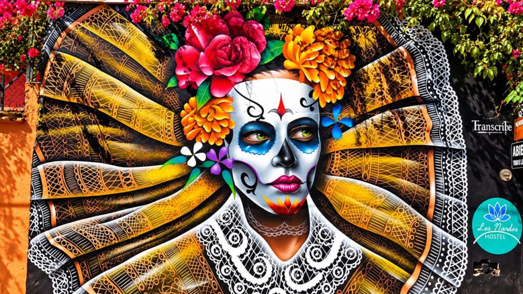 Fresque colorée de la Catrina, symbole du Día de Muertos, à Playa del Carmen au Mexique.