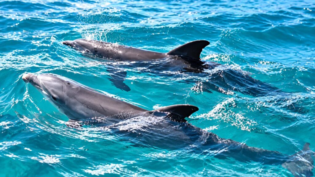 Deux dauphins nageant dans les eaux turquoise de la mer des Caraïbes, illustration d'une excursion à Sian Ka'an au Mexique.