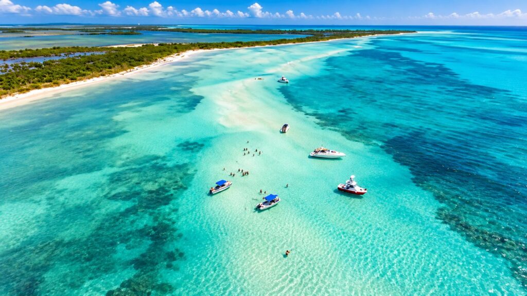 Vue aérienne d'El Cielo à Cozumel, avec ses eaux turquoise cristallines, ses bateaux d'excursion et ses magnifiques bancs de sable dans la mer des Caraïbes.