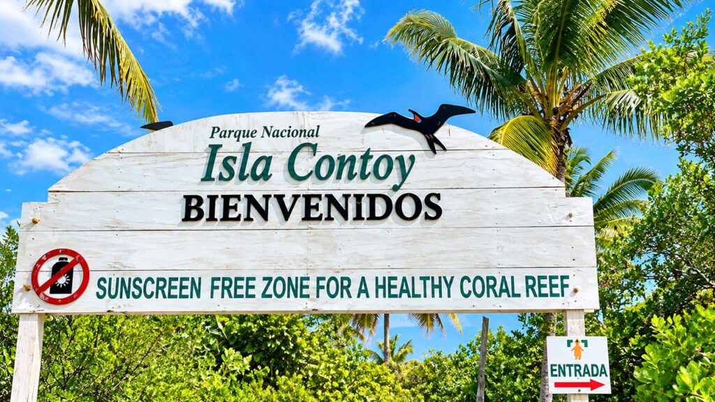 Panneau de bienvenue à l'entrée du parc national Isla Contoy au Mexique, entouré de palmiers et de végétation tropicale.