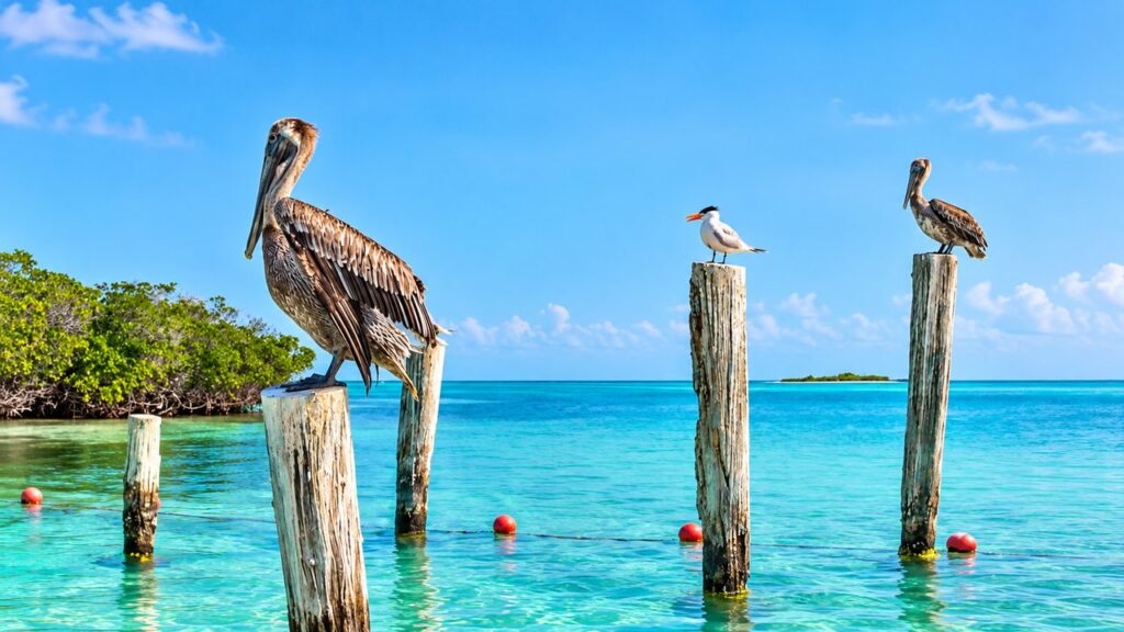 Pélicans et oiseaux marins perchés sur des poteaux en bois dans les eaux turquoise du parc national Isla Contoy au Mexique.