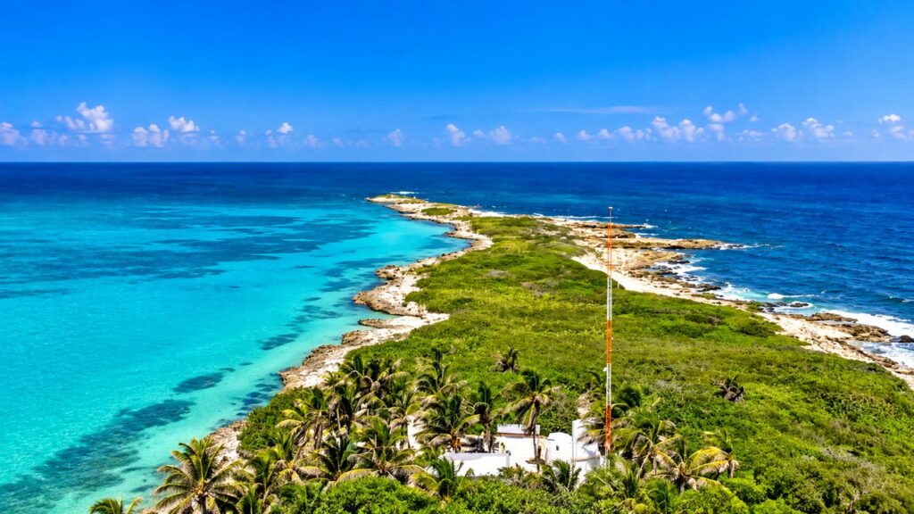 Vue aérienne de l'île Contoy au Mexique, entourée d'eaux turquoise, de plages sauvages et d'une végétation tropicale préservée.