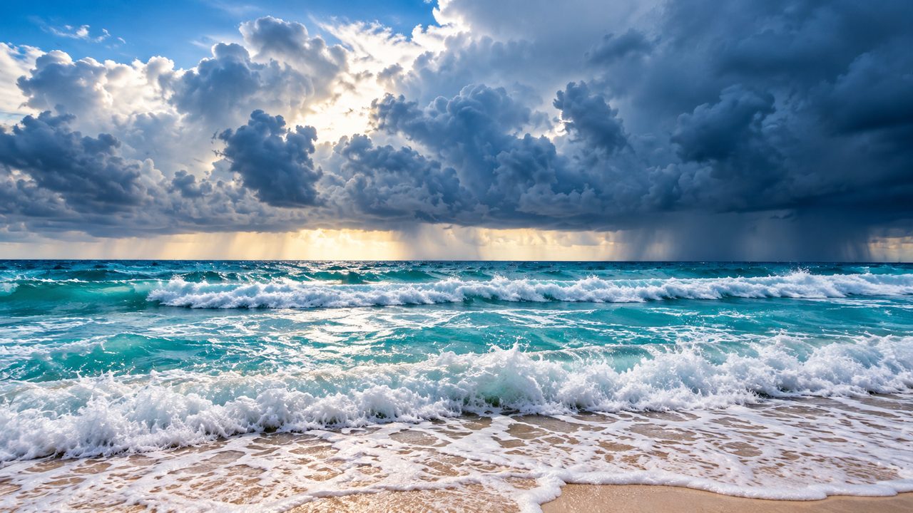 Mer des Caraïbes agitée avec de fortes vagues et un ciel orageux sur la Riviera Maya au Mexique.