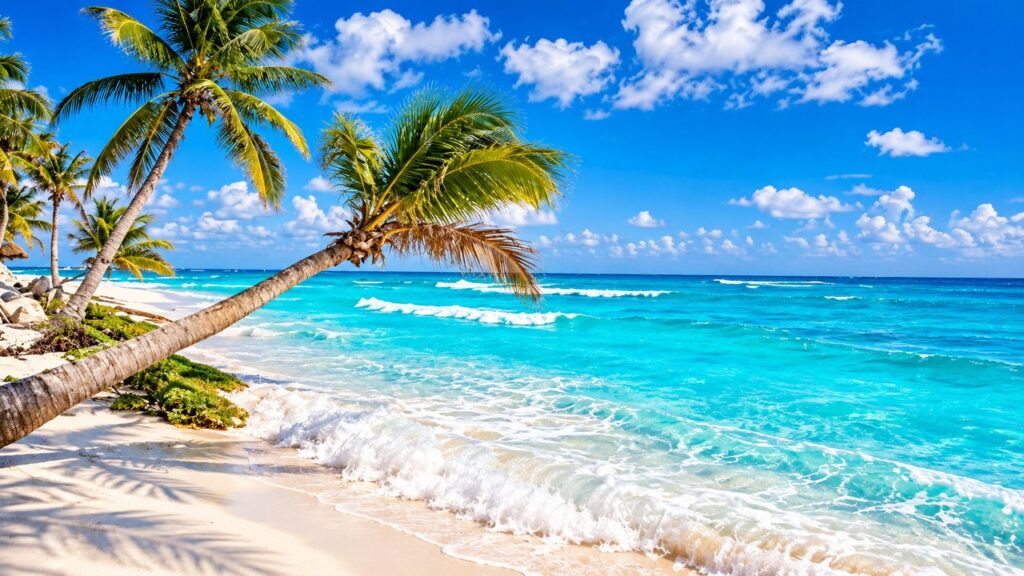 Plage paradisiaque de la Riviera Maya au Mexique avec palmiers, sable blanc et eaux turquoise de la mer des Caraïbes.