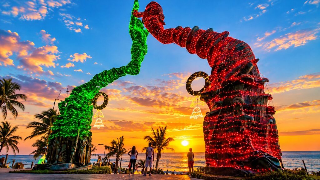 Portal Maya illuminé au coucher du soleil sur la plage de Playa del Carmen, Riviera Maya, Mexique.