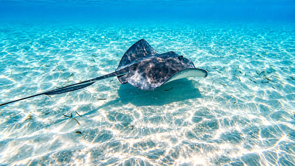 Raie pastenague nageant au-dessus du fond sablonneux dans les eaux turquoise des Caraïbes.