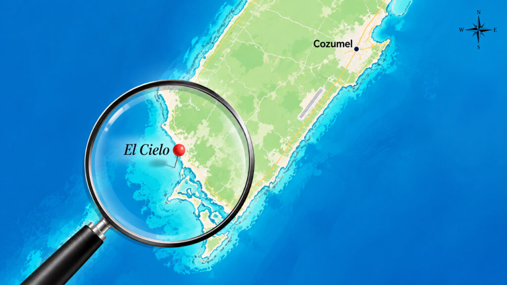 Carte de localisation d'El Cielo au sud de l'île de Cozumel au Mexique, avec une loupe indiquant le site de snorkeling.