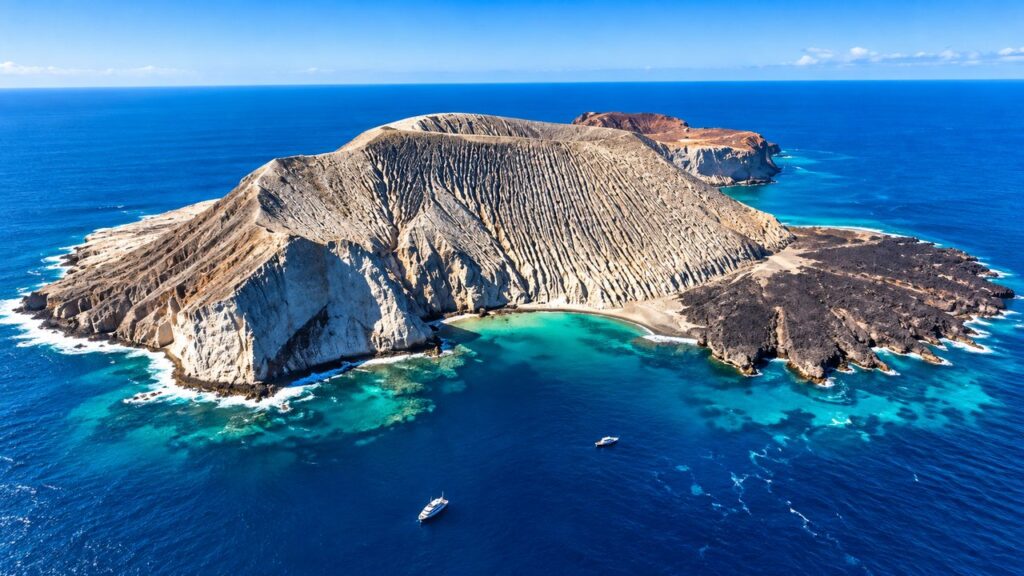 Vue aérienne illustrée d'une île volcanique de l'archipel de Revillagigedo au Mexique, avec falaises rocheuses et eaux turquoise de l'océan Pacifique.