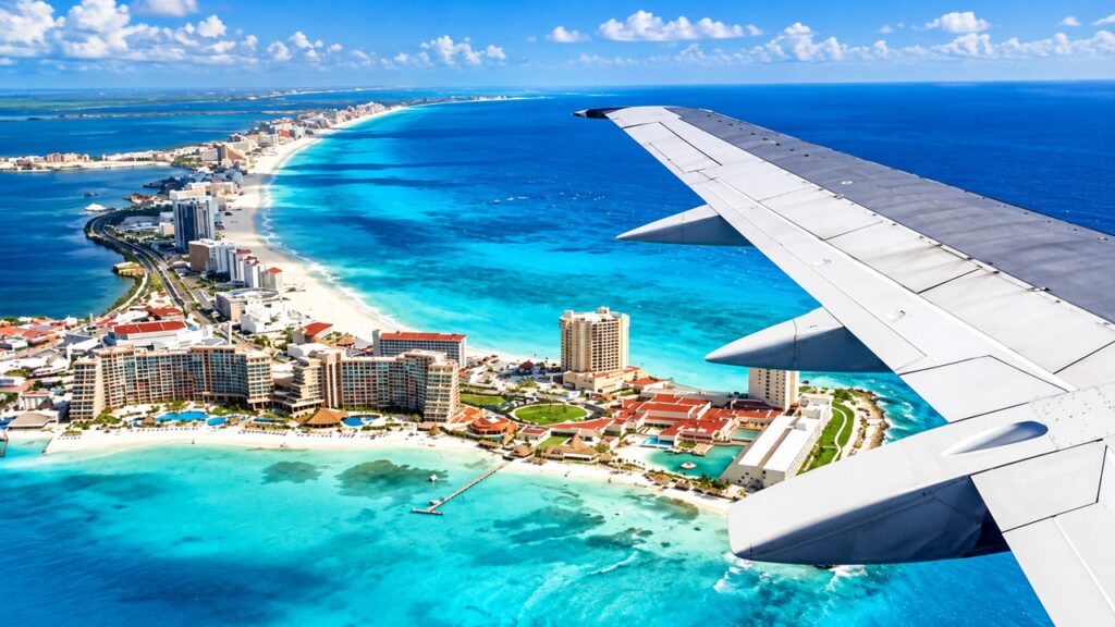 Vue aérienne de Cancún depuis un avion, avec les plages de sable blanc, les hôtels et les eaux turquoise de la mer des Caraïbes au Mexique.