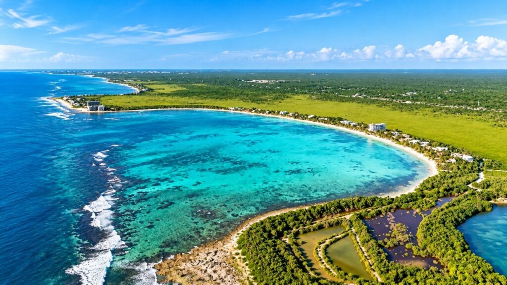 Vue aérienne de la baie de Soliman près de Tulum, avec ses eaux turquoise, sa barrière de corail et sa végétation tropicale au Mexique.