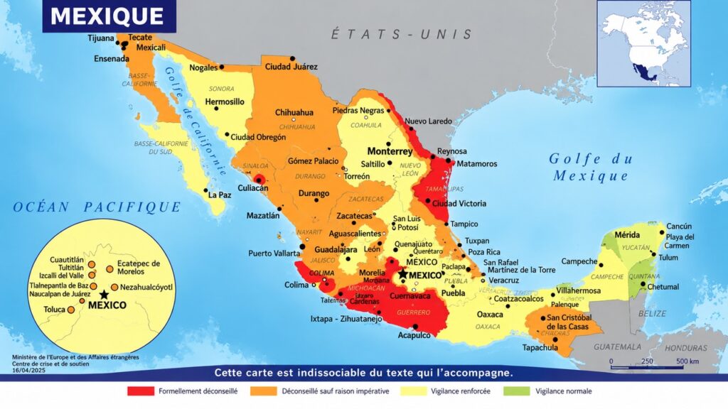Carte illustrative des zones de vigilance et de sécurité au Mexique.