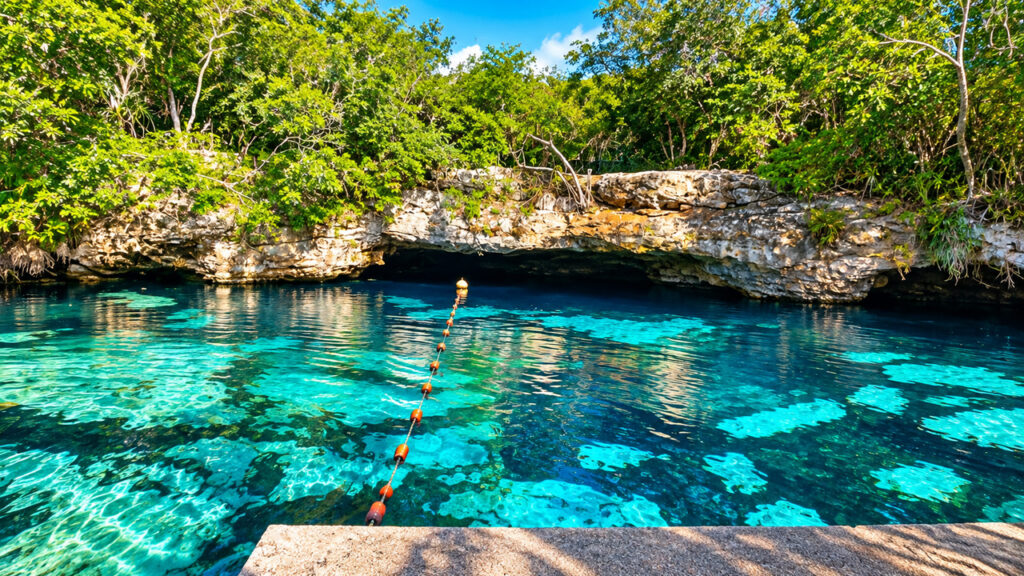 Cenote Azul près de Playa del Carmen, eau turquoise cristalline entourée de rochers calcaires et de jungle tropicale.