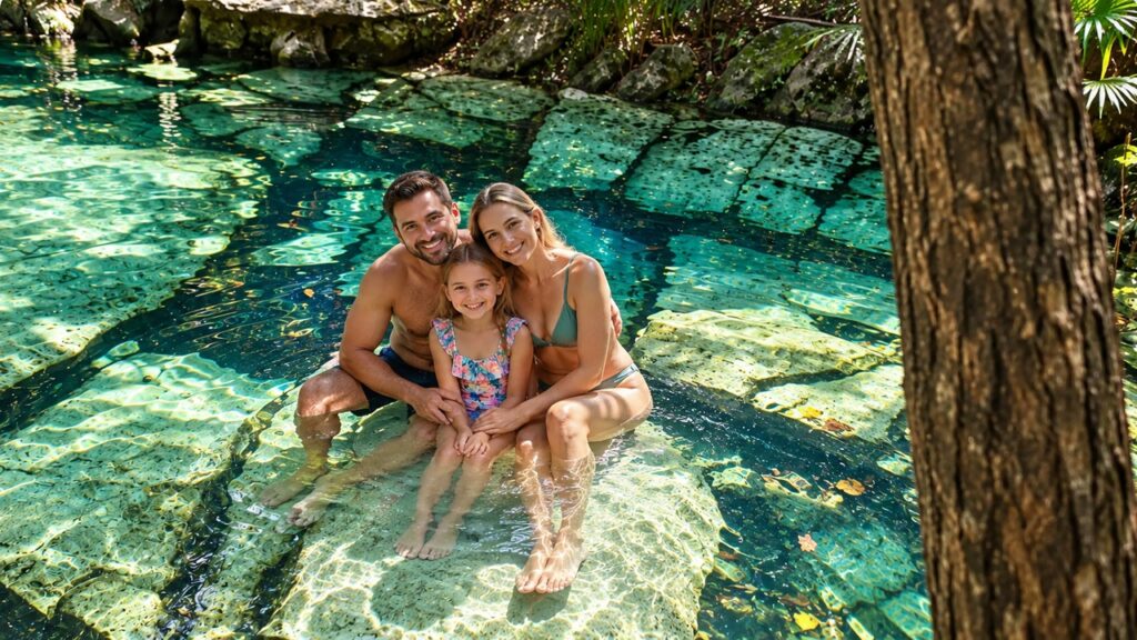 Famille avec parents et enfant en maillot de bain profitant des eaux cristallines du Cenote Azul près de Playa del Carmen.