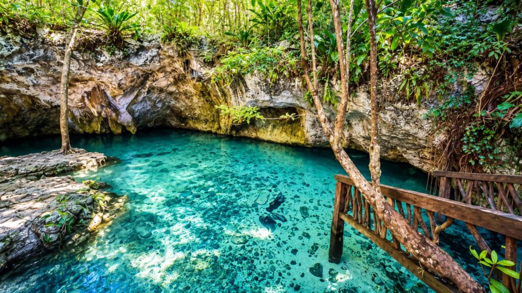 Cénote aux eaux turquoise cristallines entouré de formations rocheuses calcaires et de végétation tropicale dans la Riviera Maya, au Mexique.
