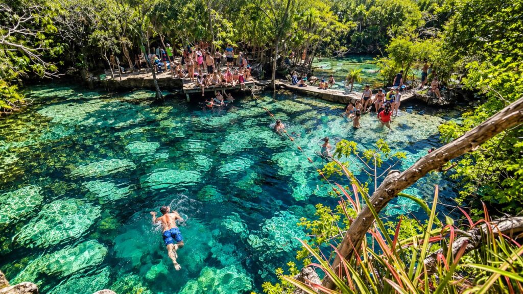 Vue panoramique d'un cénote aux eaux turquoise cristallines dans la Riviera Maya, avec des visiteurs se baignant au milieu de la végétation tropicale.