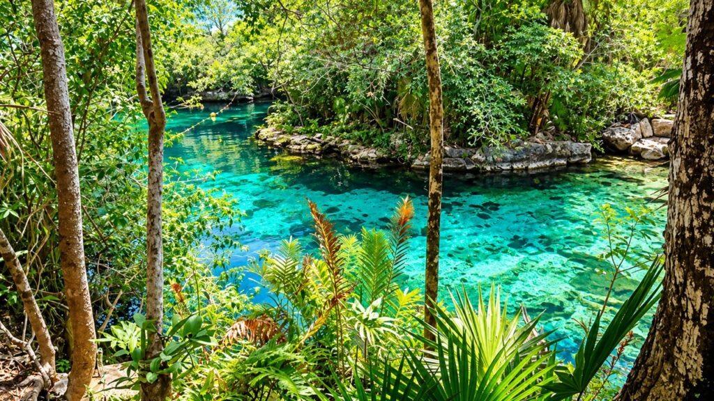 Cénote aux eaux turquoise cristallines entouré d'une végétation tropicale luxuriante dans la Riviera Maya, au Mexique.