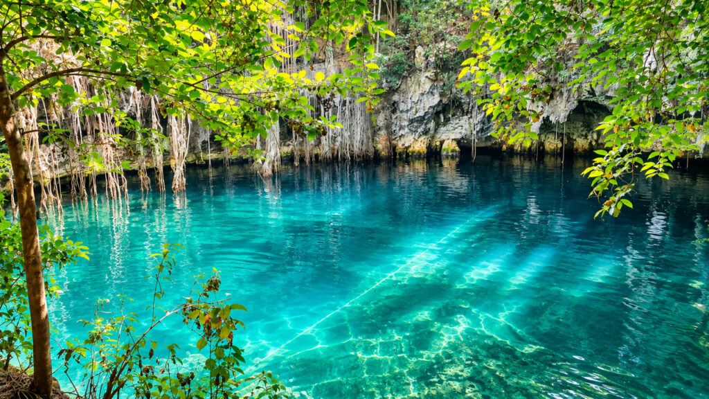 Cénote aux eaux turquoise cristallines entouré de végétation tropicale et de formations rocheuses dans la Riviera Maya au Mexique.
