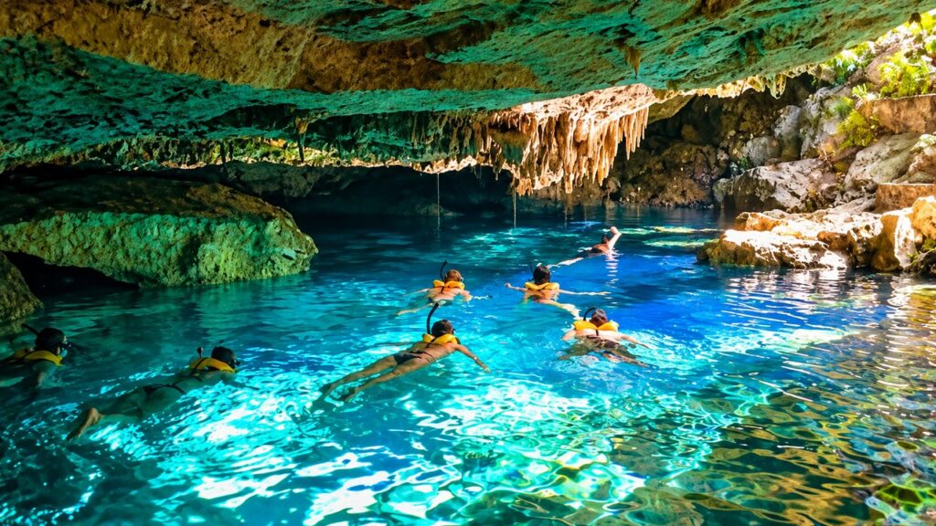 Touristes pratiquant le snorkeling dans les eaux turquoise d'un cénote souterrain de la Riviera Maya, au Mexique, sous une voûte rocheuse naturelle.
