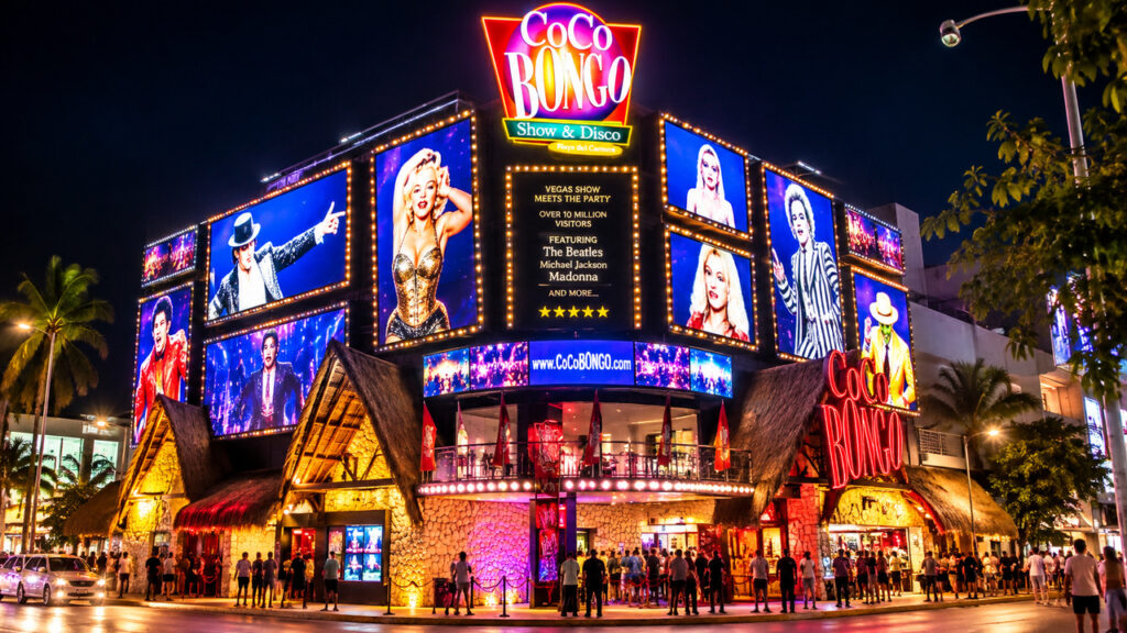 Façade illuminée du Coco Bongo à Playa del Carmen la nuit, avec ses enseignes lumineuses et ses spectacles.