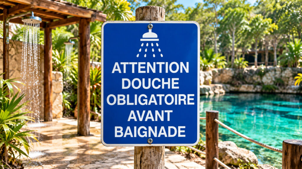 Panneau indiquant la douche obligatoire avant la baignade dans un cénote au Mexique.