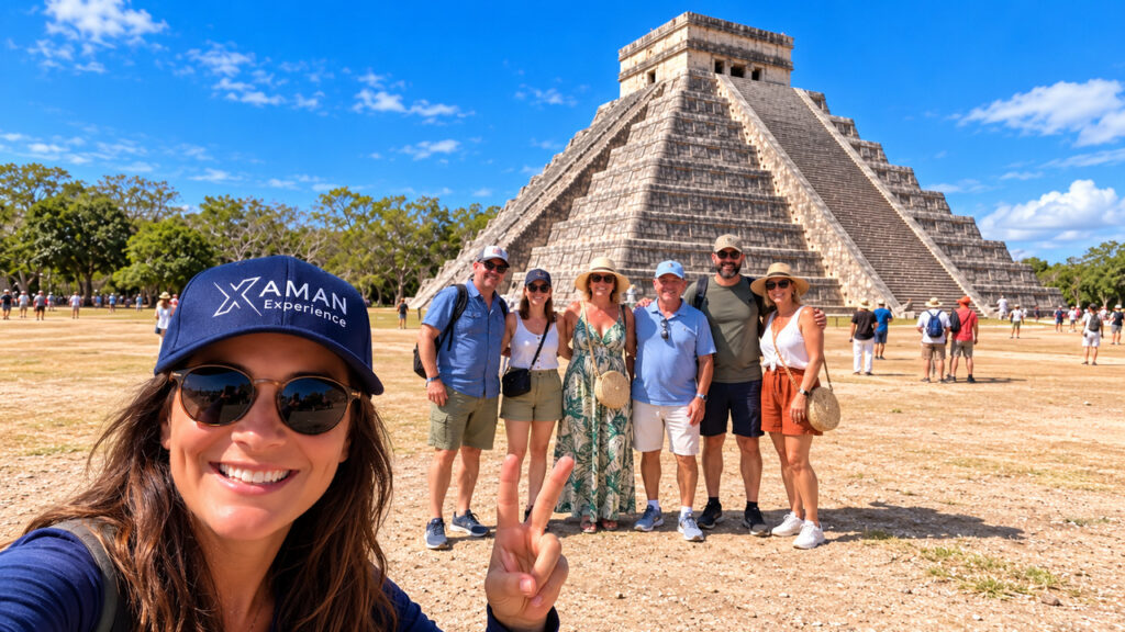 Groupe de touristes francophones devant la pyramide de Chichén Itzá avec une accompagnatrice portant une casquette XAMAN Experience.