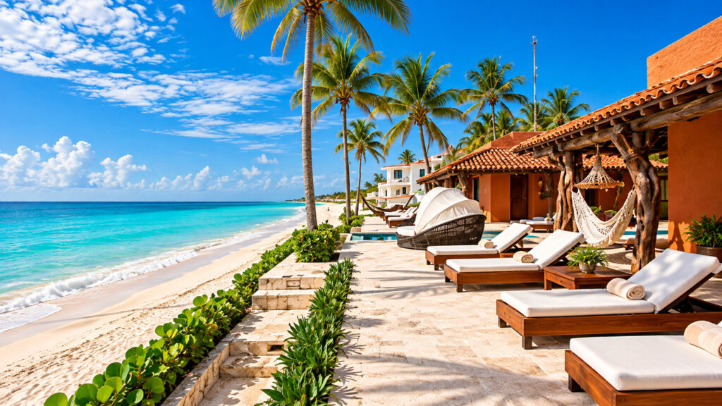 Hôtel en bord de mer à Playa del Carmen avec terrasse, transats, palmiers et plage de sable blanc face aux eaux turquoise des Caraïbes.