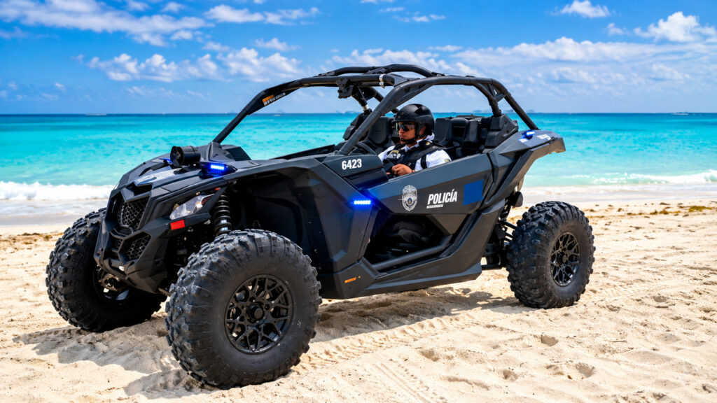 Patrouille de police en buggy sur une plage de sable blanc de la Riviera Maya, au bord de la mer des Caraïbes.