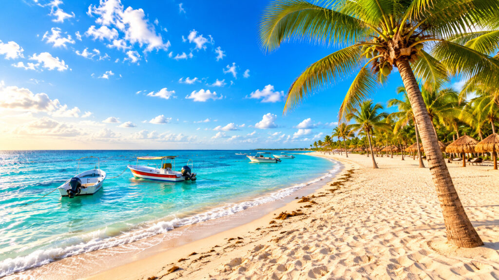 Plage ensoleillée de Playa del Carmen avec sable blanc, palmiers, bateaux et mer turquoise des Caraïbes.