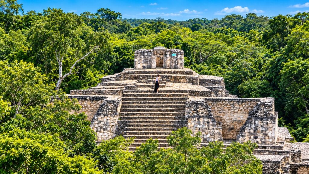 Pyramide maya ancienne entourée d'une jungle tropicale luxuriante au Mexique, avec un grand escalier en pierre et un petit temple au sommet.