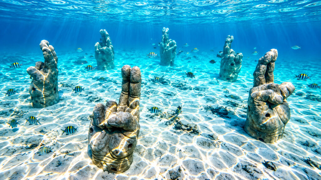 Sculptures de mains immergées dans les eaux turquoise, illustration inspirée des musées sous-marins du Mexique.