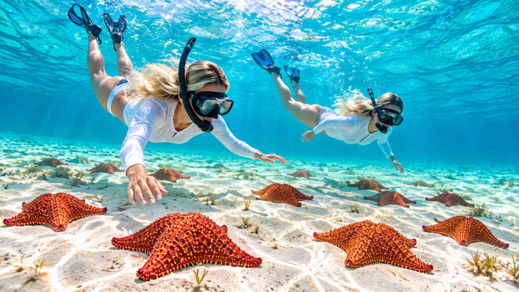 Illustration de deux touristes blondes en tenue de protection solaire blanche explorant les fonds marins et observant les étoiles de mer à El Cielo, Cozumel.