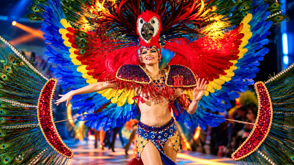Spectacle de carnaval haut en couleur avec danseuse en costume à plumes multicolores