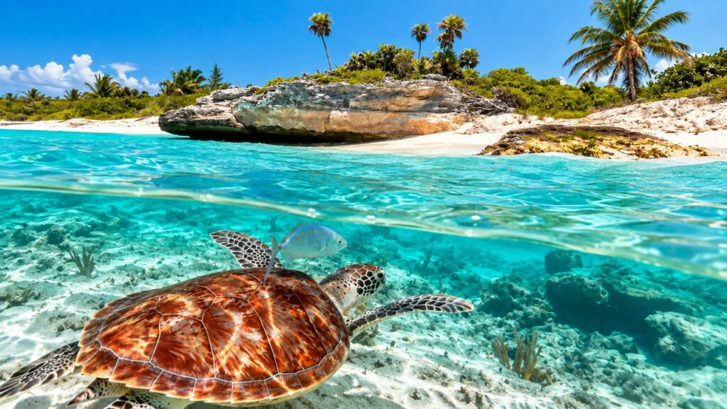 Tortue marine nageant dans les eaux turquoise des Caraïbes, près d'une plage de sable blanc bordée de palmiers à Tulum, au Mexique.