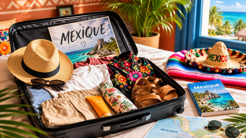 Valise ouverte pour préparer un voyage au Mexique avec vêtements d'été, chapeau, lunettes de soleil et accessoires de vacances.