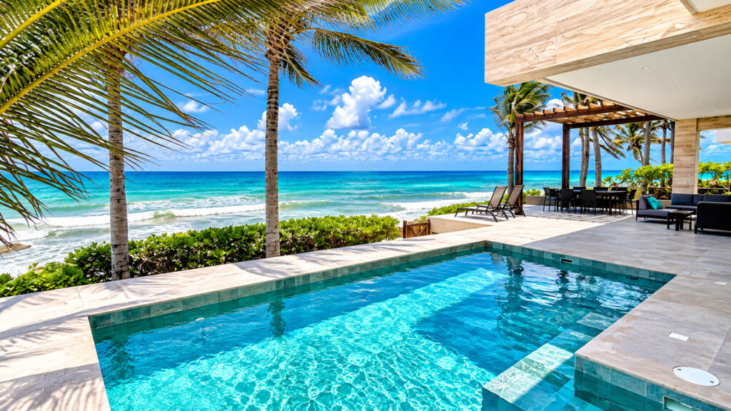 Villa de luxe avec piscine privée en bord de mer à Playacar, Playa del Carmen, entourée de palmiers avec vue sur les eaux turquoise des Caraïbes.